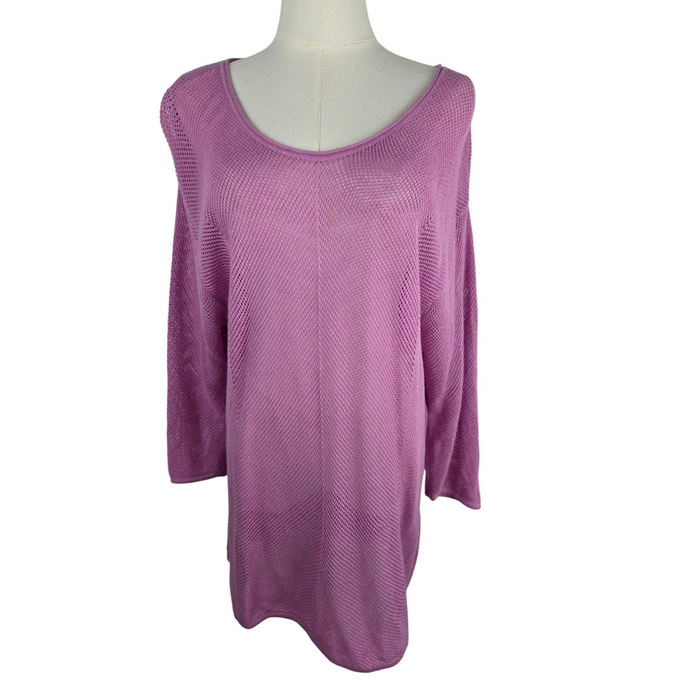 J. Jill Open Knit Tunic Sweater XL Orchid Pink 3/4 Sleeve Cotton Blend Coastal